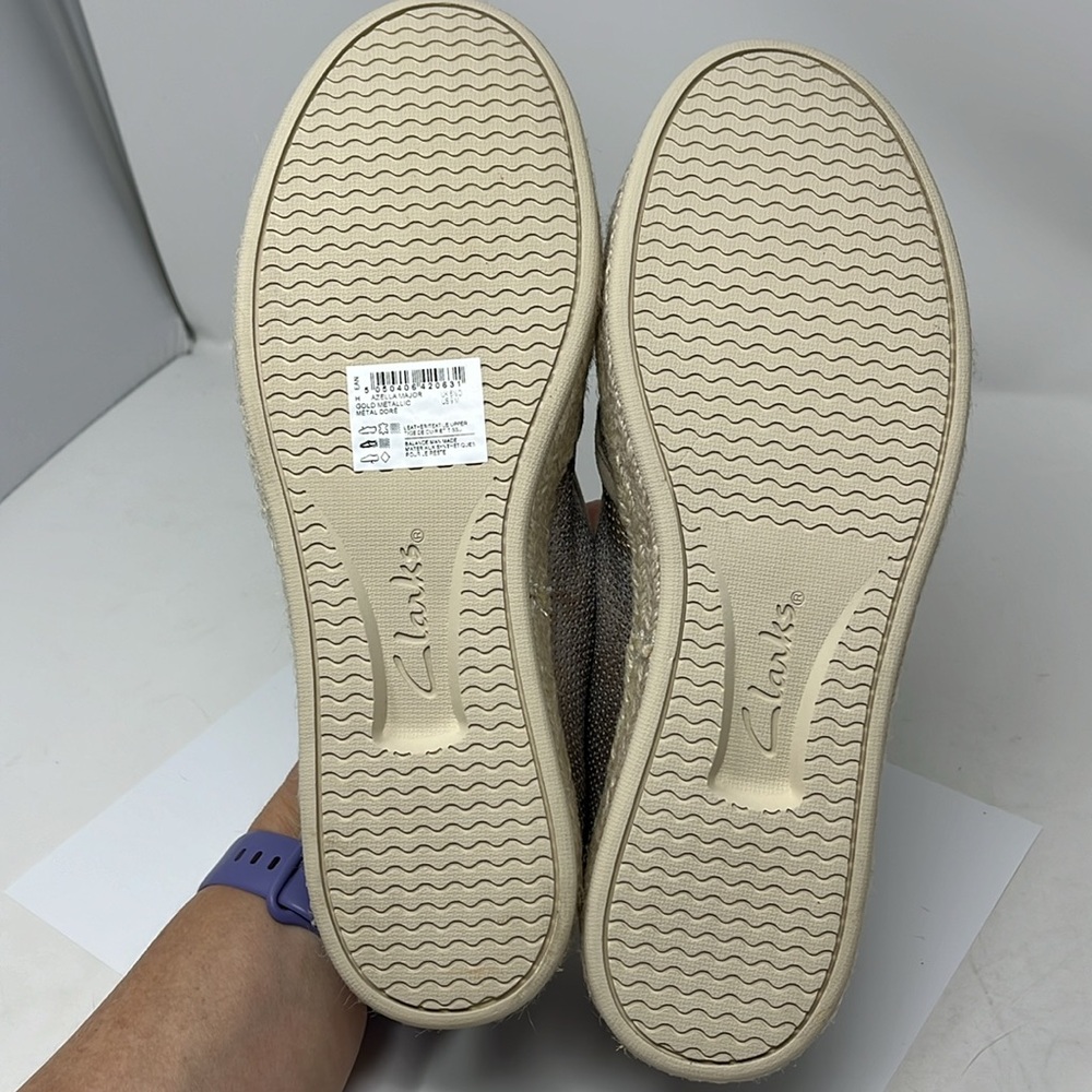CLARKS COLLECTION LEATHER GOLD SHIMMER METALLIC ESPADRILLE LOAFER SLIP ON SIZE 9 - Picture 8 of 10